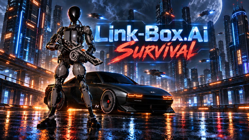 A humanoid robot beside a matte-black sports car in a neon city, with the Link-Box.Ai Survival logo.
