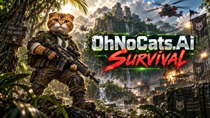 A cat in military fatigues holding a rifle in a jungle, with the OhNoCats.Ai Survival logo.