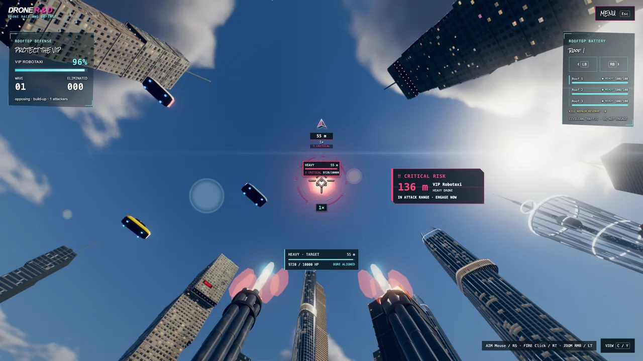 Actual rooftop defense gameplay showing turret gunfire, enemy health, VIP status and three turret station gauges