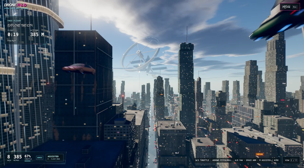 Actual first-person free flight above Robotaxi city, with aircraft telemetry and civilian flying cars