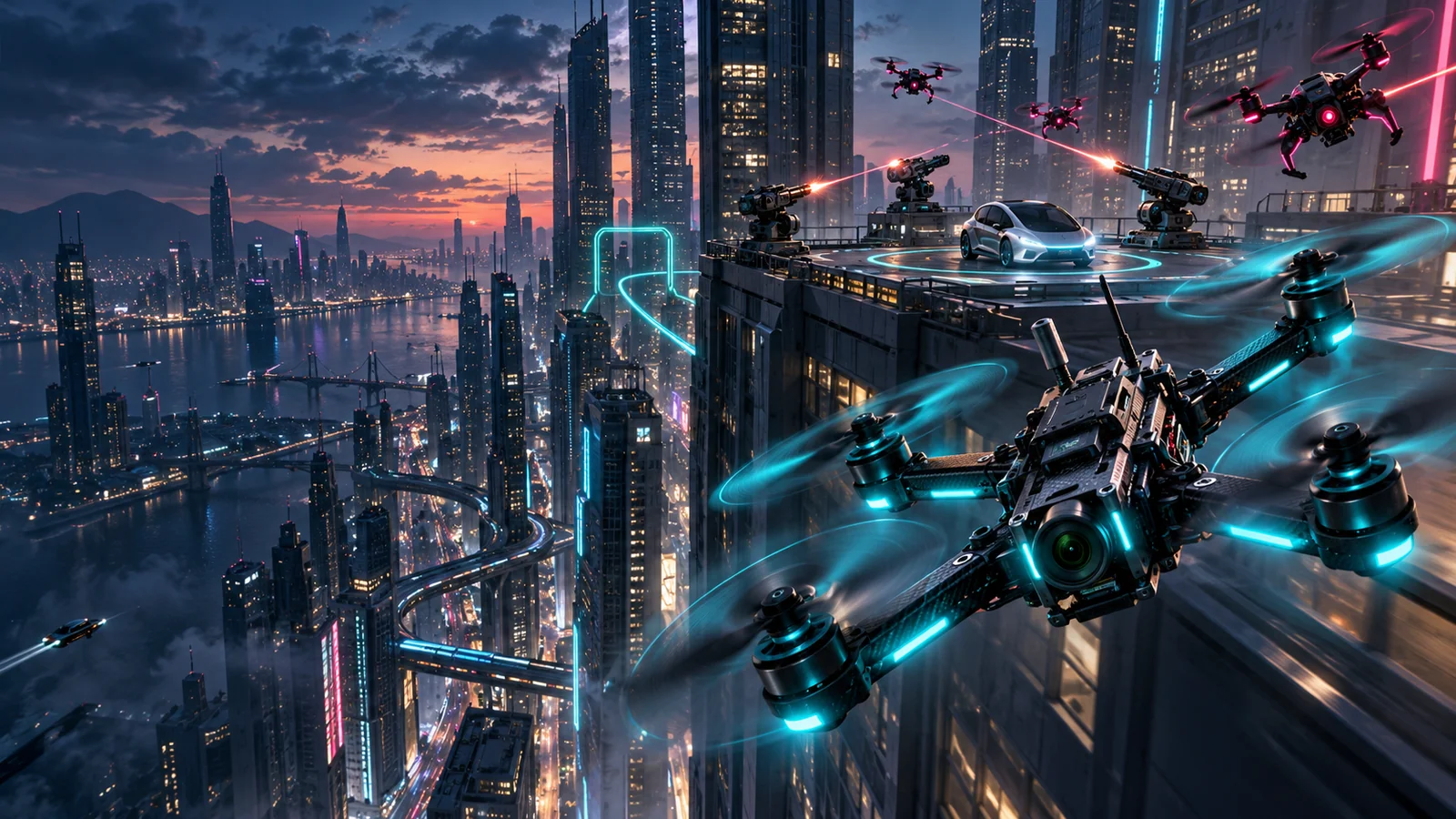 Drone R & D — stylized concept art of drones defending the rooftop VIP in Robotaxi city