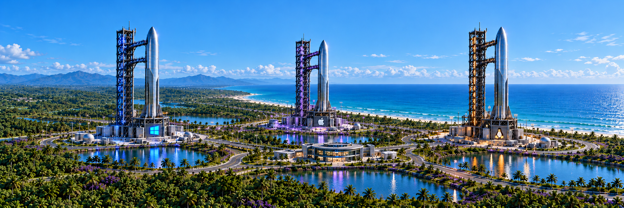 Steel rockets above a violet-lit coastal launch facility
