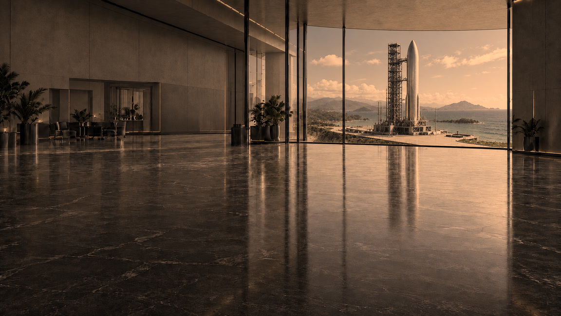 A dark lounge with a curved window overlooking a launch complex at sunset.