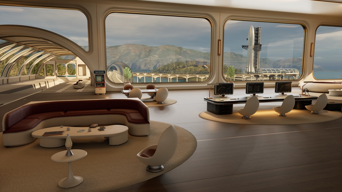 A retro futuristic command center with a coastal train line and rocket launch complex, rendered from the original wide camera.
