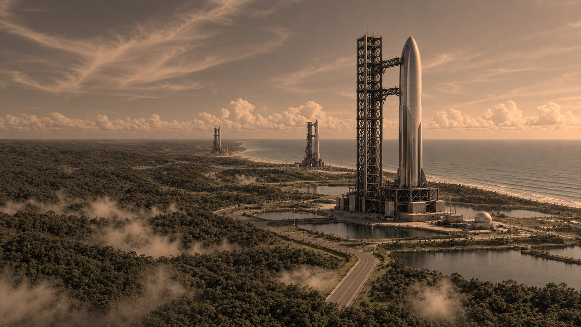 Sunrise over a coastal spaceport, ready for the next launch.