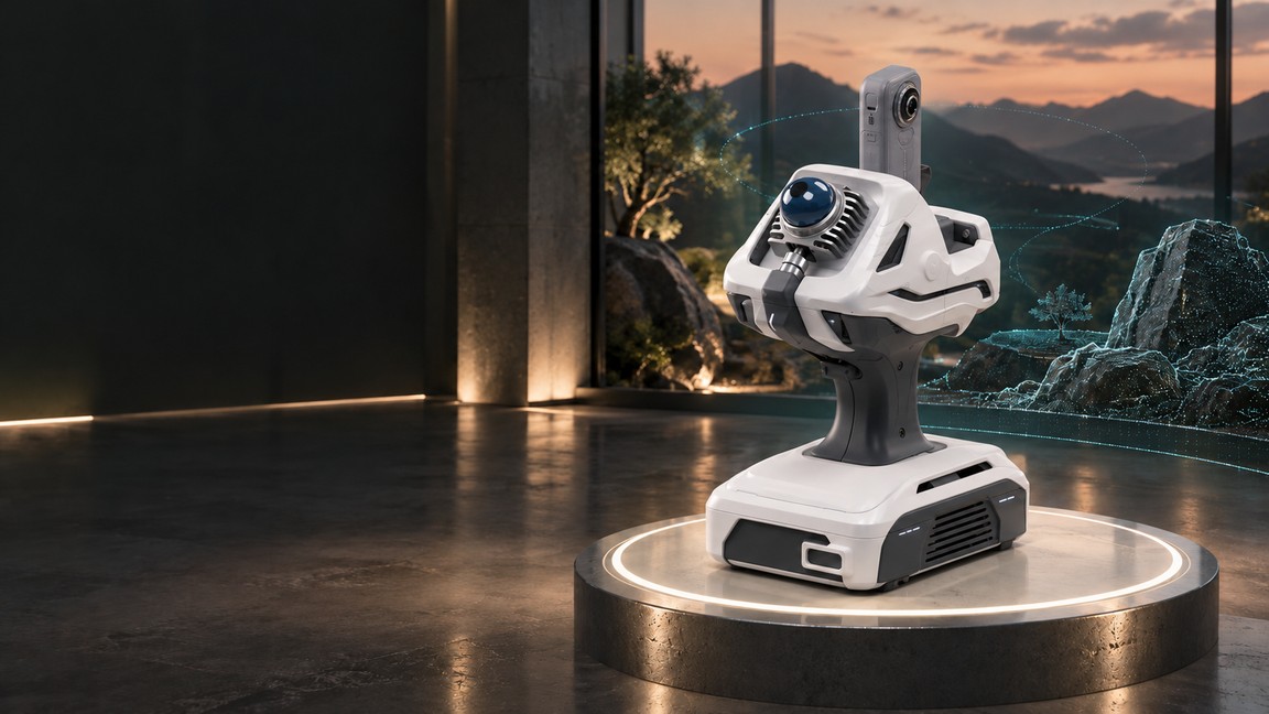 G-Splat concept artwork with smooth pearl-white sculpted shells, a charcoal grip, blue LiDAR sensor and tall camera on an illuminated scan-lab pedestal, inspired by the original design references.