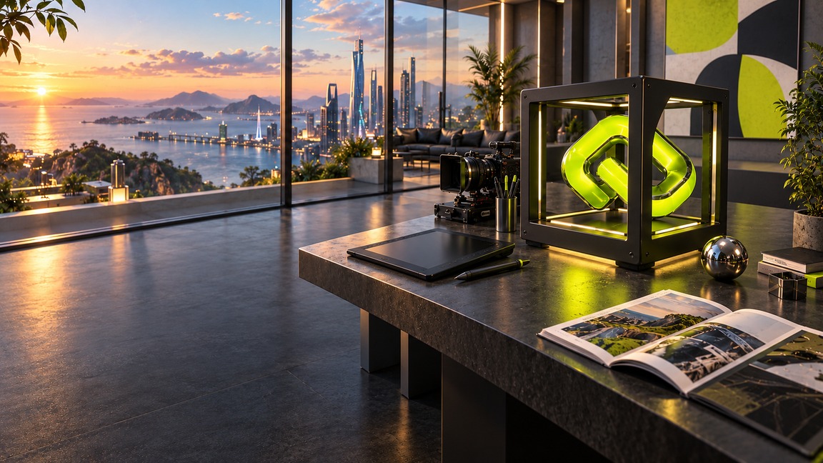 A LinkBox creative studio with a luminous lime chain in a graphite cube, a drawing tablet, cinema camera and magazine overlooking a coastal city.