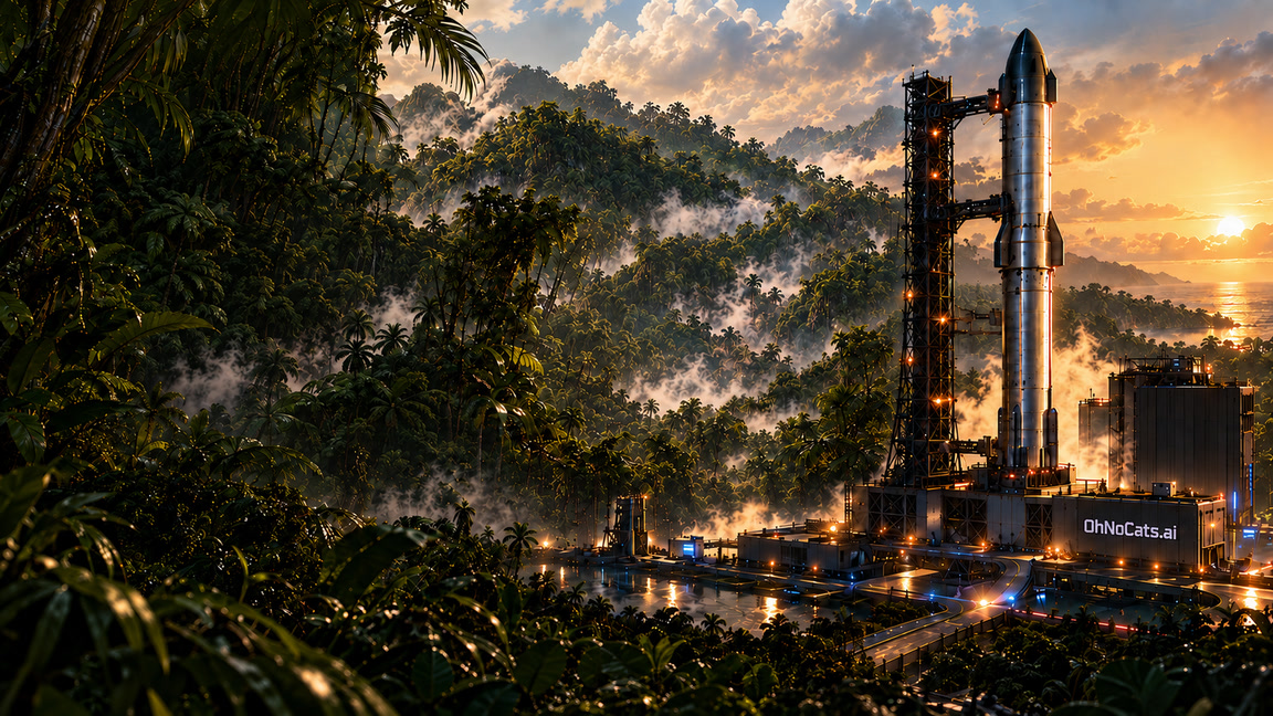 OhNoCats.Ai Survival key art: a uniformed cat on patrol in dense jungle beneath ruined temples, helicopters overhead.