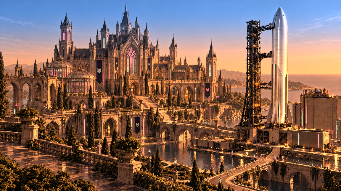 A stainless-steel Starship beside a gothic mansion estate with cyan and pink windows.
