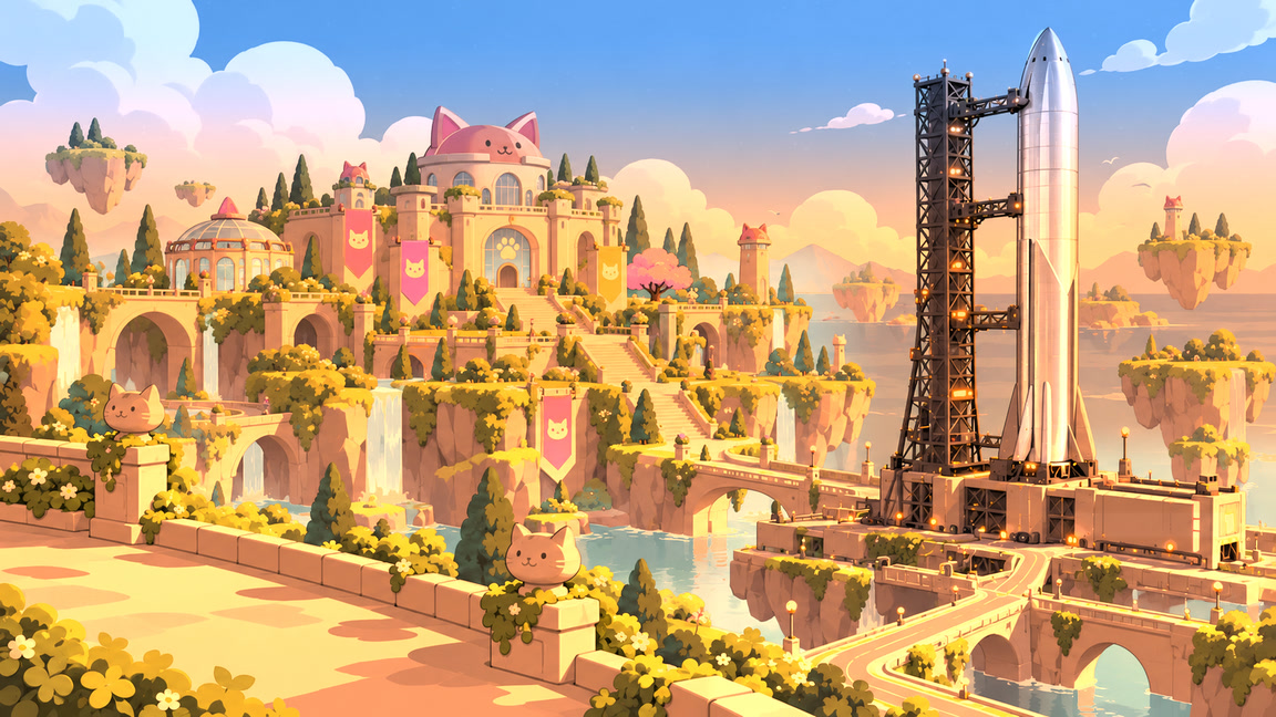 A silver rocket on a launchpad beside a colorful cat clubhouse, floating islands, waterfalls and soft clouds.