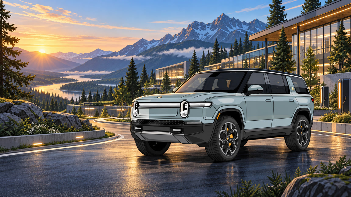 A cel-shaded Rivian R1S outside a glass AI research campus overlooking evergreen mountains and a lake at sunrise.