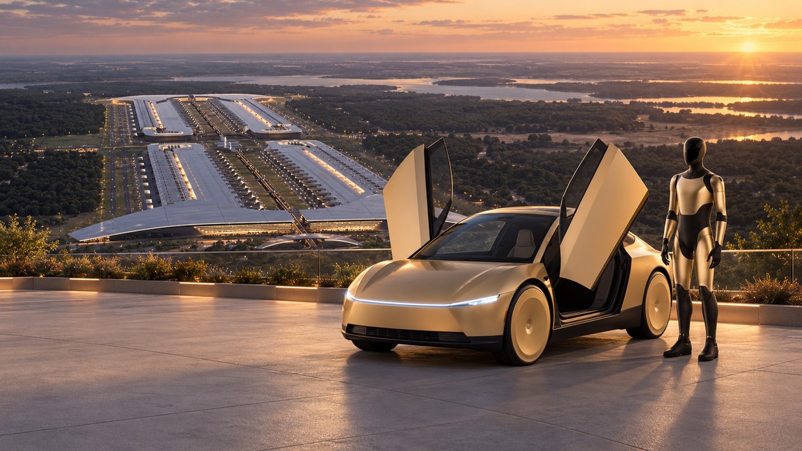 Reference-based AI render of a gold Cybercab and Optimus Gen 3 overlooking the proposed Terafab factory, with four vast production halls and a curved facade.