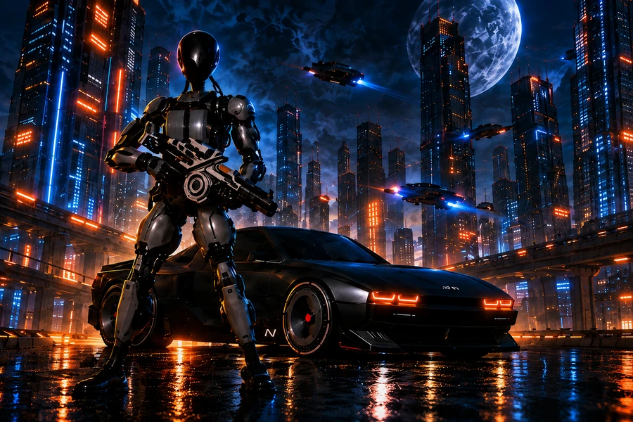 A combat android beside a black sports car in a neon city.