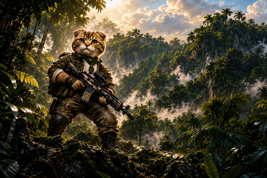 A tactical cat exploring a lush jungle mountain landscape.